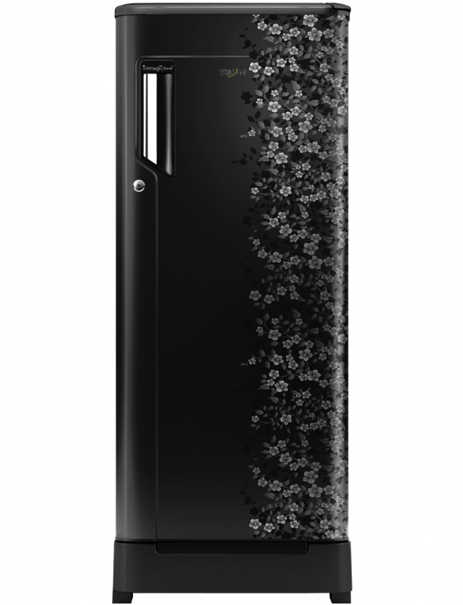 Elegant Black Single Door Refrigeratorwith Floral Design PNG