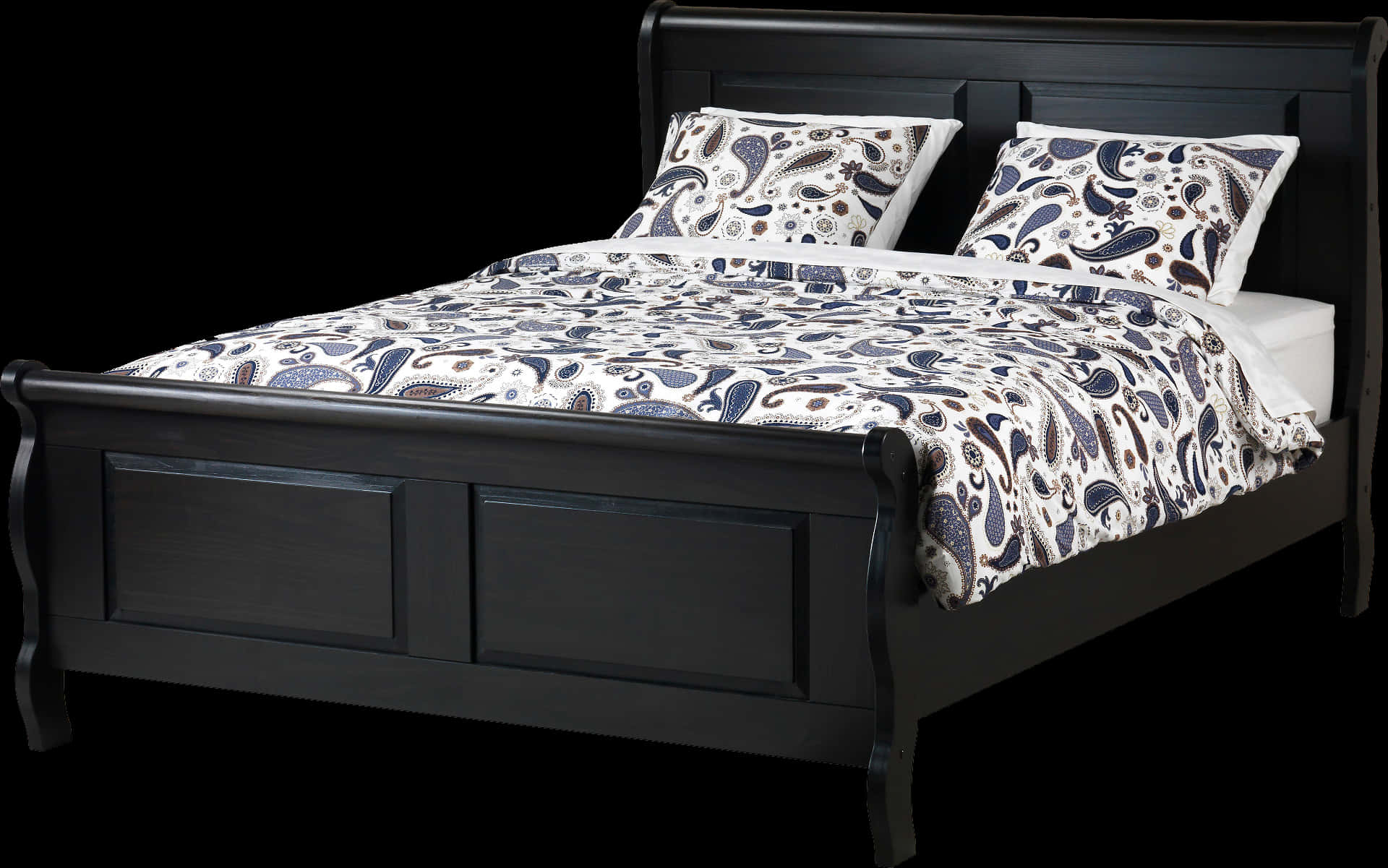 Elegant Black Wooden Bedwith Patterned Bedding PNG