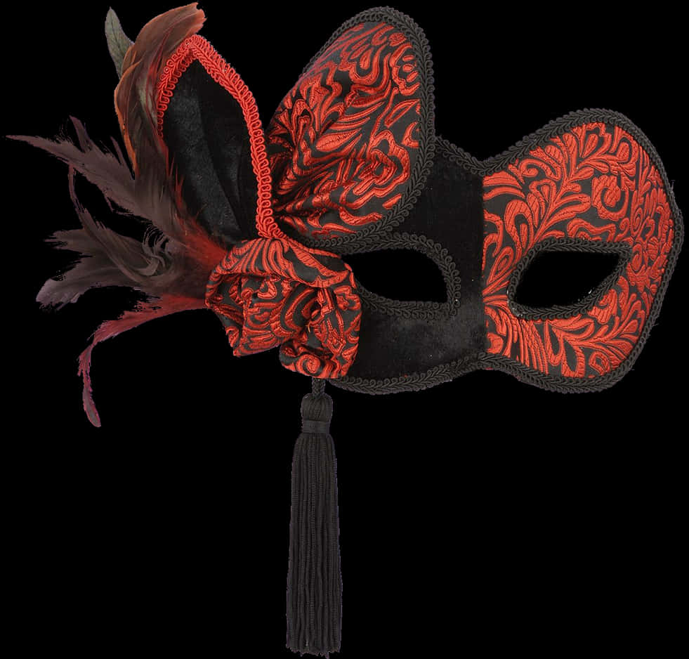 Elegant Blackand Red Venetian Maskwith Feathersand Tassel PNG