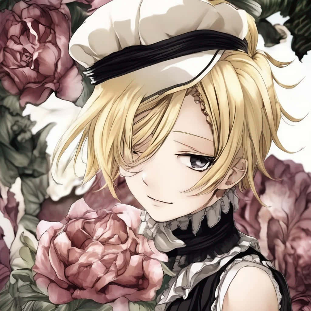 Elegant Blond Anime Karakter Med Roser Bakgrunnsbildet