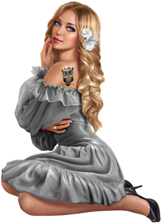 Elegant Blonde Woman Floral Tattoo PNG