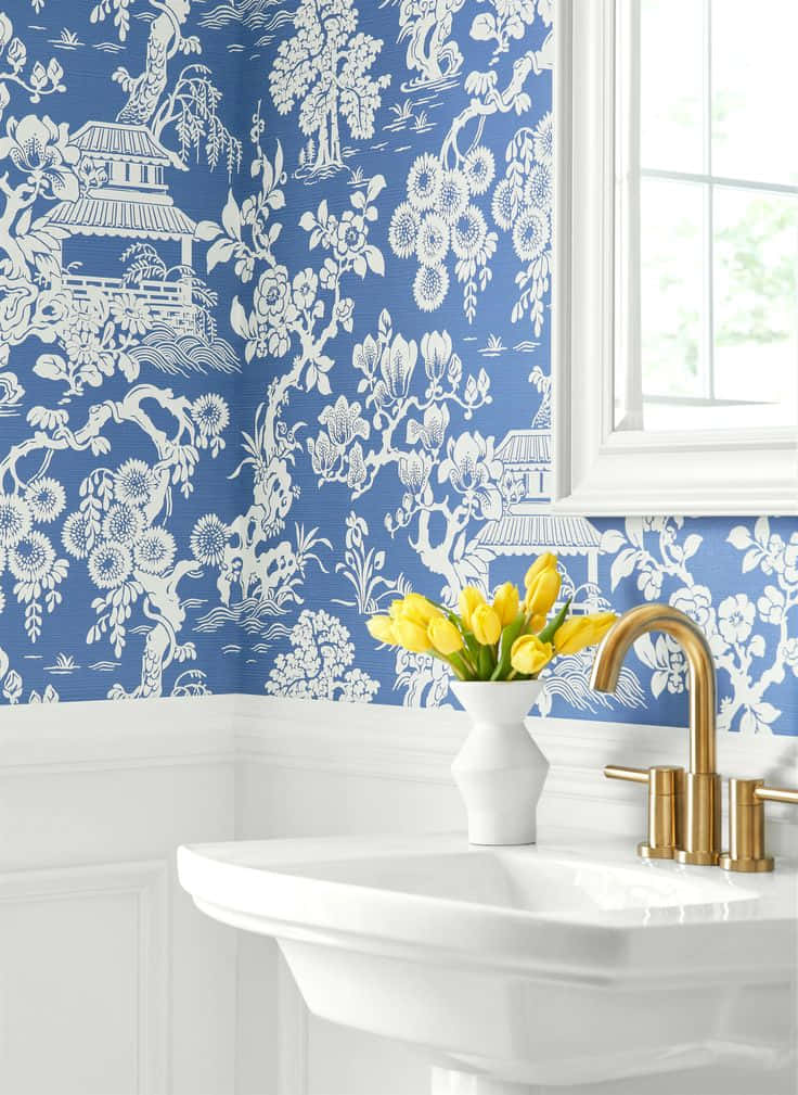 Elegant Blue Floral Bathroom Decor Wallpaper