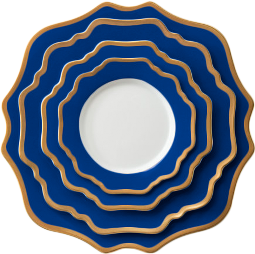 Elegant Blue Gold Rimmed Plate Set PNG