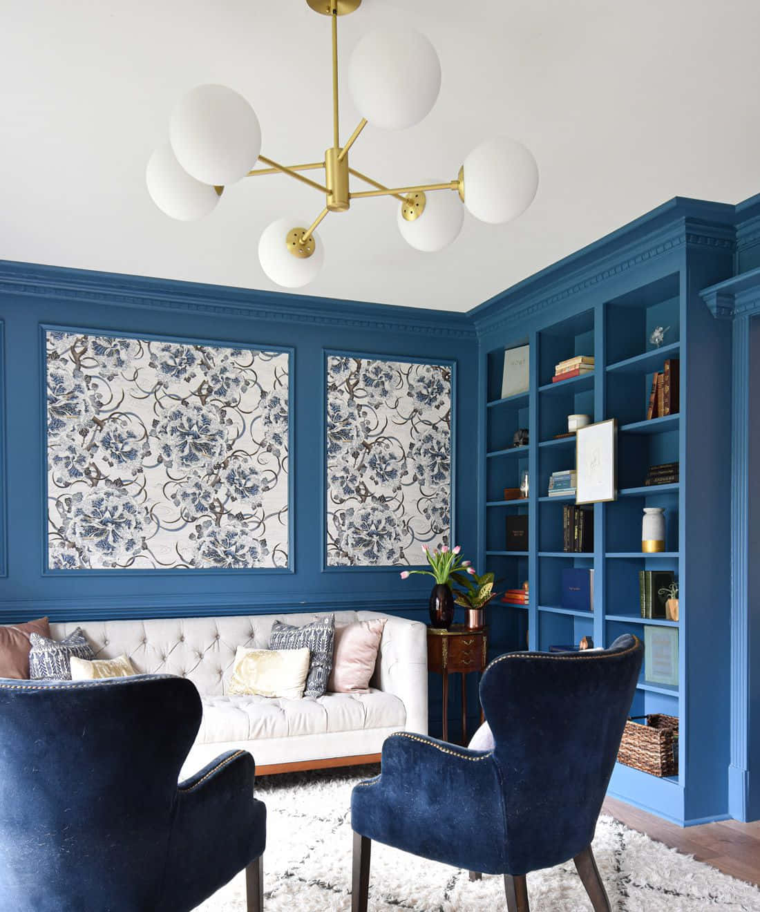 Elegant Blue Living Roomwith Modern Pendant Light Wallpaper