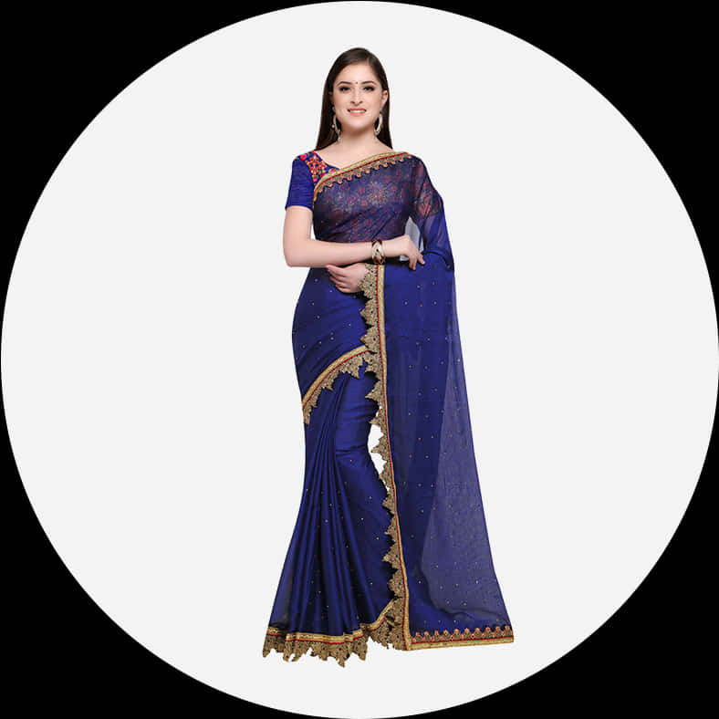 Elegant Blue Saree Model PNG