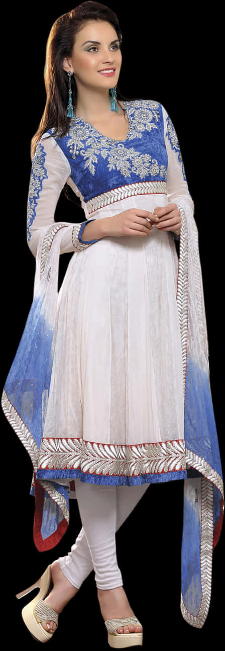 Elegant Blueand White Anarkali Suit PNG