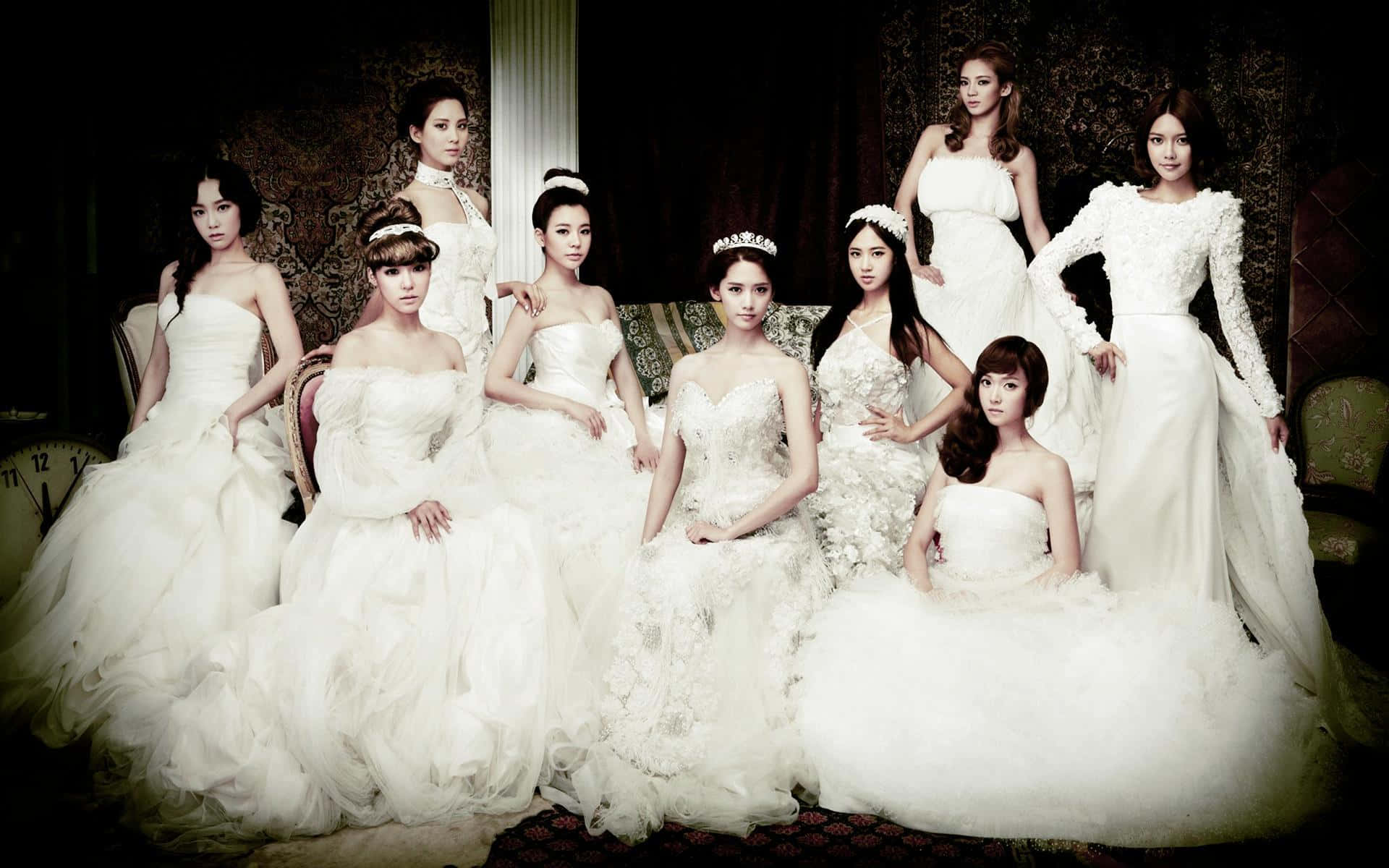 Elegant Bridal Gowns Group Portrait Wallpaper