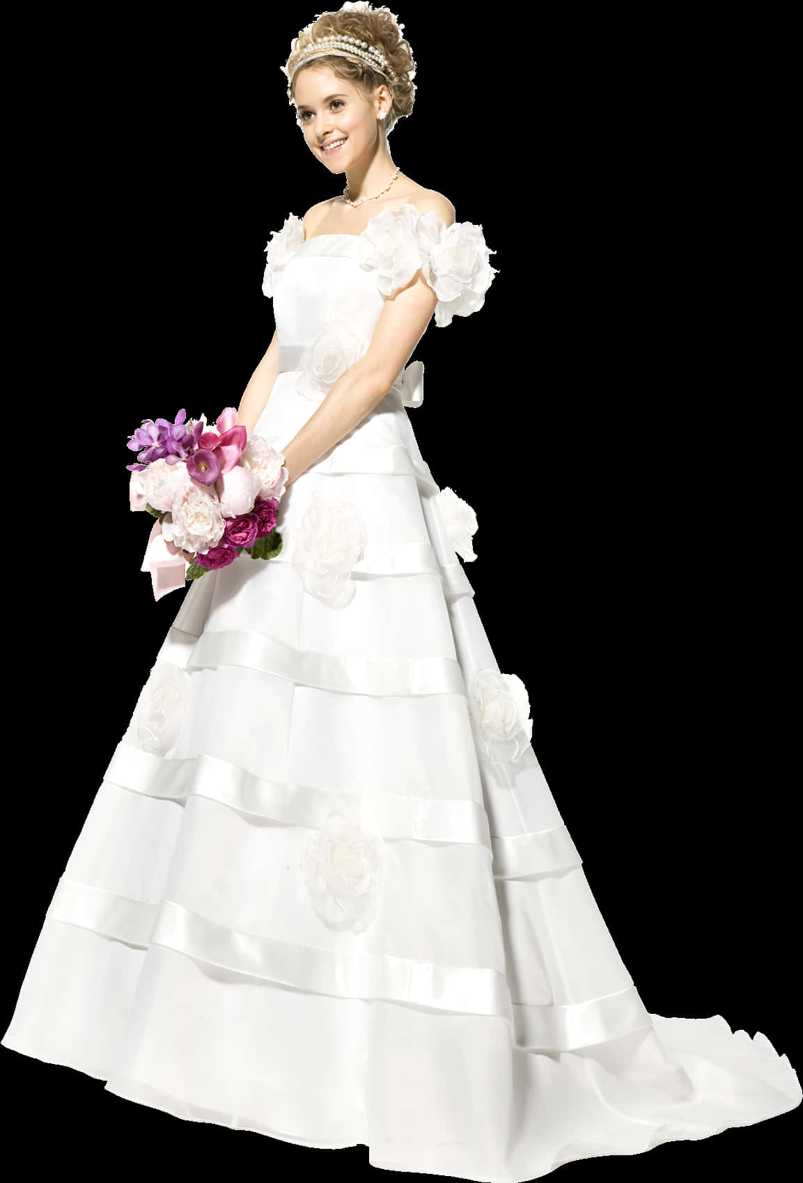 Elegant Bridein White Gownwith Bouquet PNG