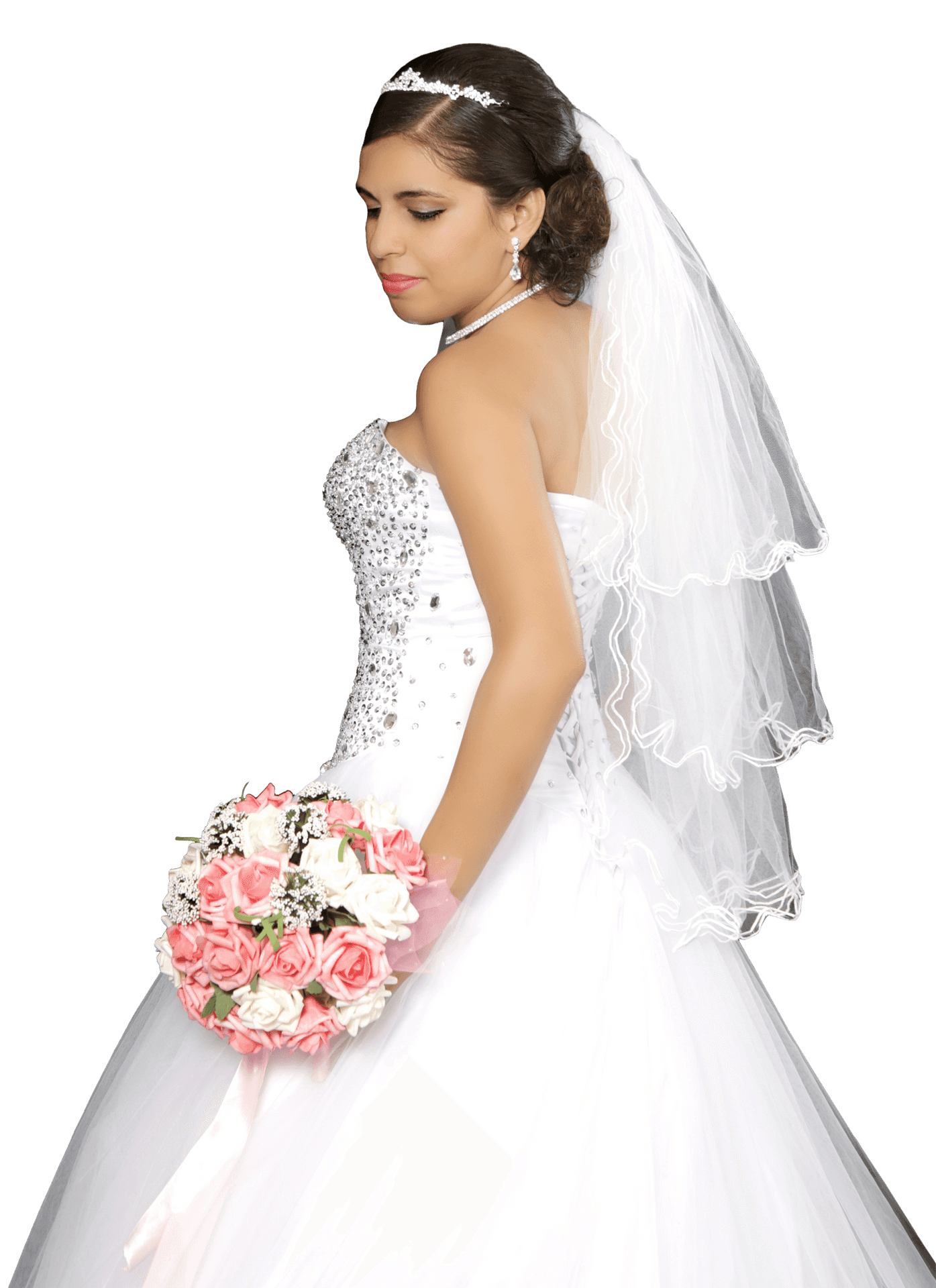 Elegant Bridein White Gownwith Bouquet PNG