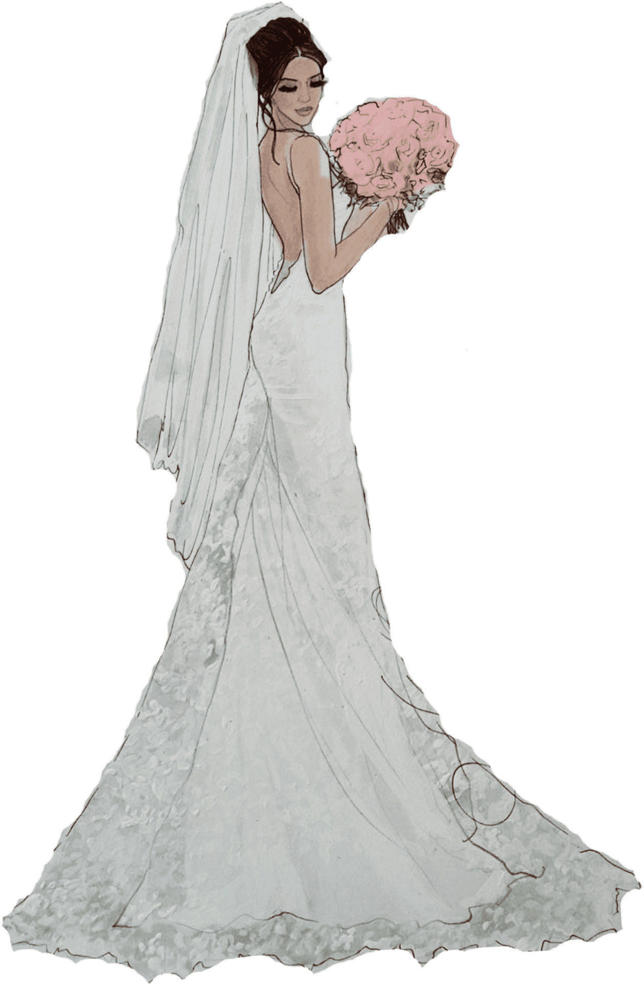 Elegant Bridein White Gownwith Bouquet PNG