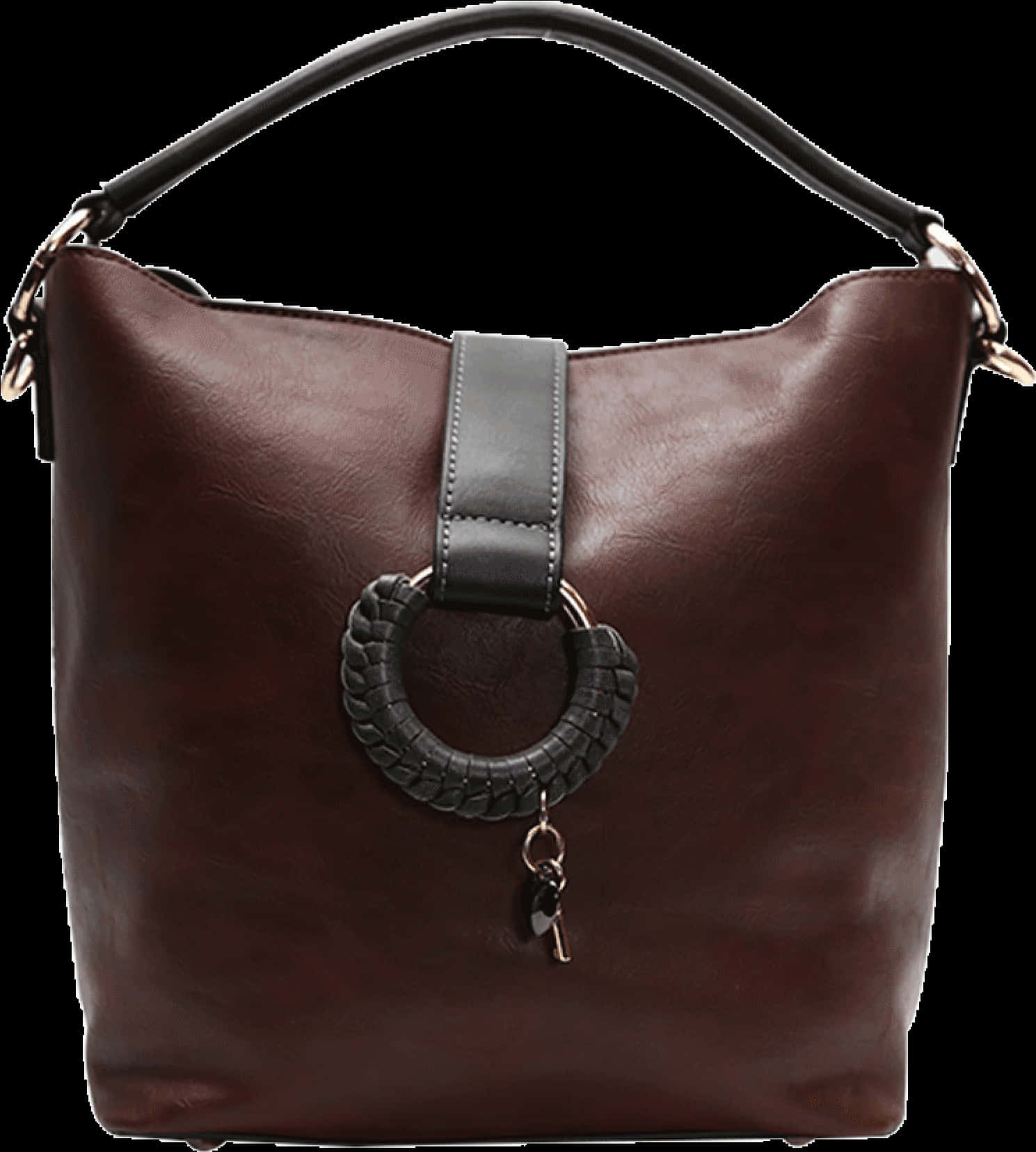 Elegant Brown Leather Handbagwith Unique Handle PNG