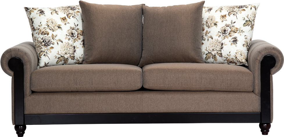 Elegant Brown Sofawith Floral Pillows PNG