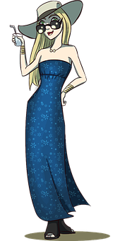 Elegant Cartoon Ladyin Blue Dress PNG