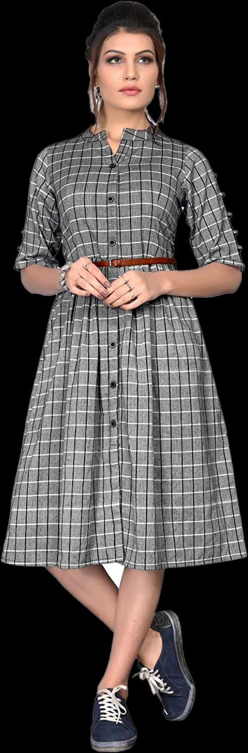 Elegant Checkered Dress Model PNG