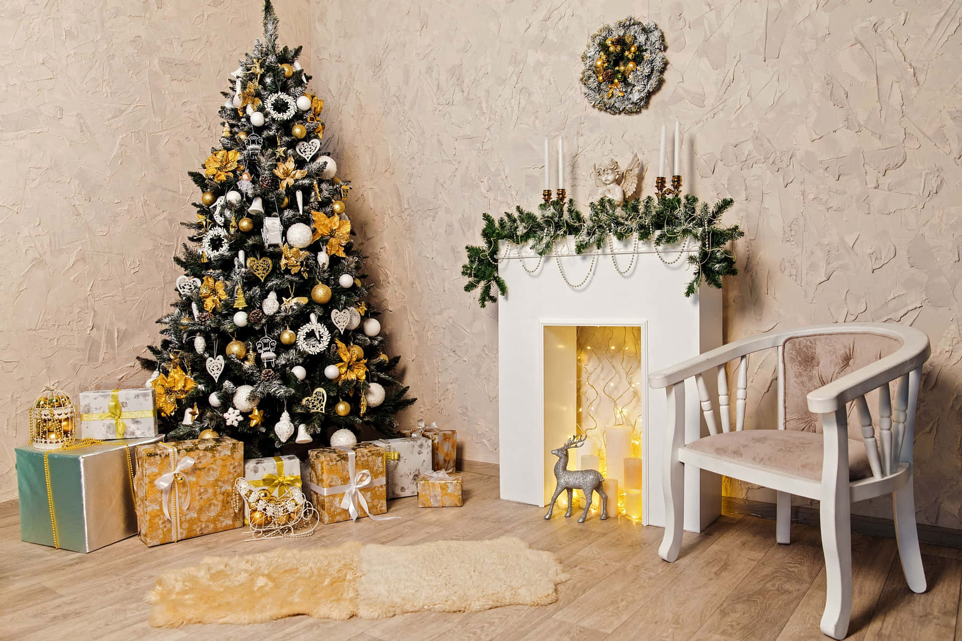 Elegant Christmas Treeand Fireplace Decor Wallpaper