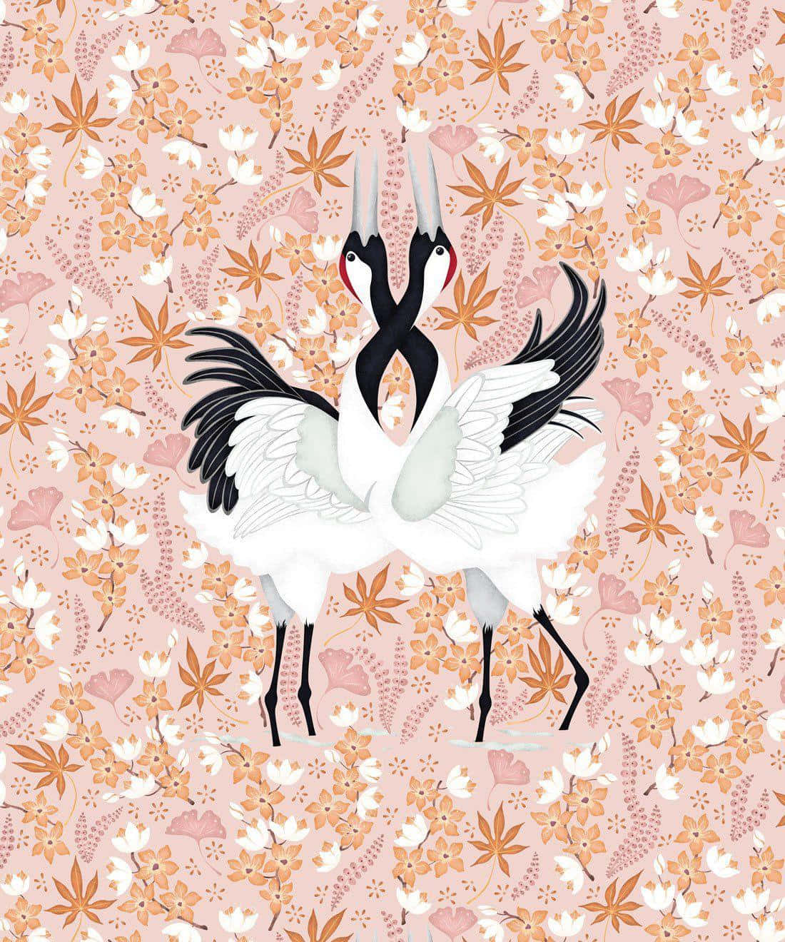 Elegant Cranes Floral Pattern.jpg Wallpaper
