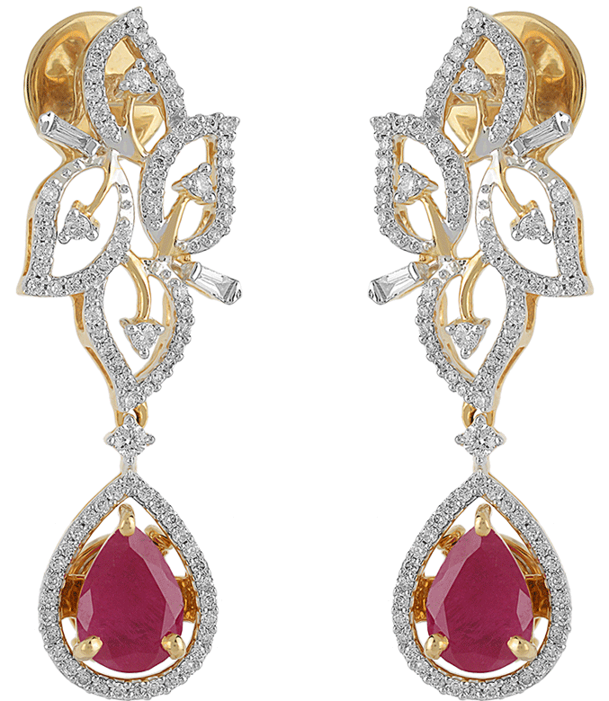 Elegant Diamond Ruby Drop Earrings PNG