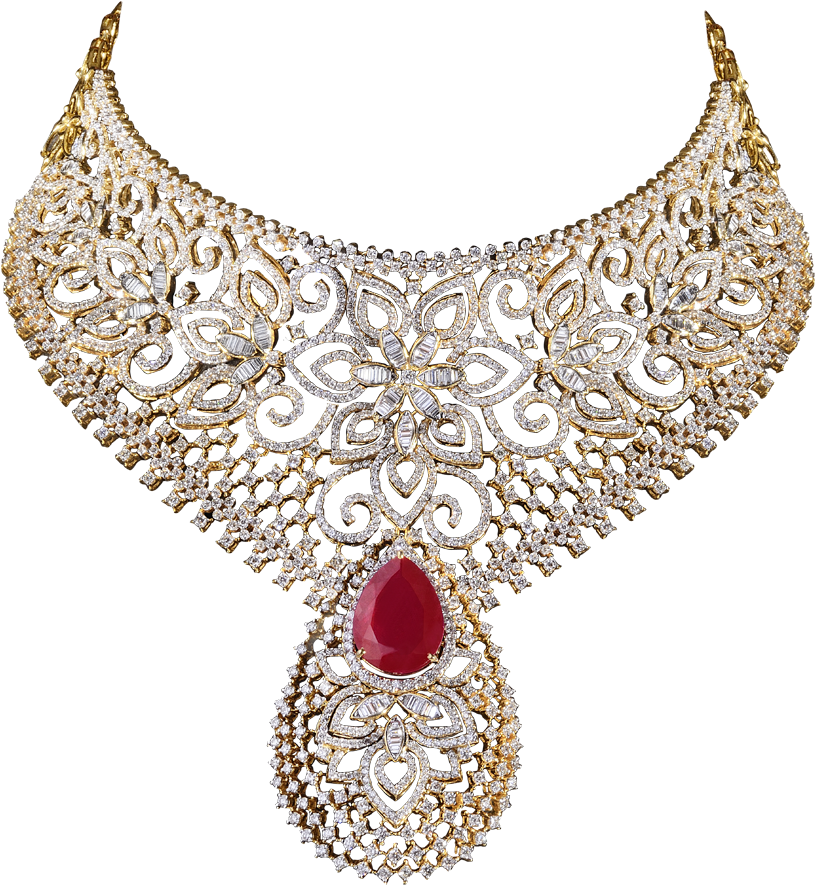 Elegant Diamondand Ruby Necklace Design PNG
