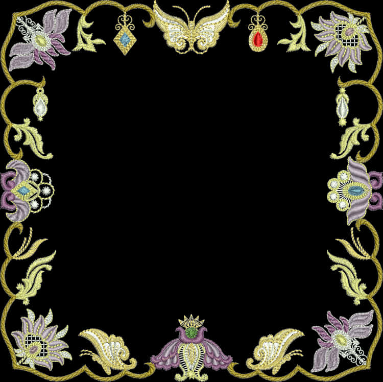 Elegant Embroidered Floral Frame PNG