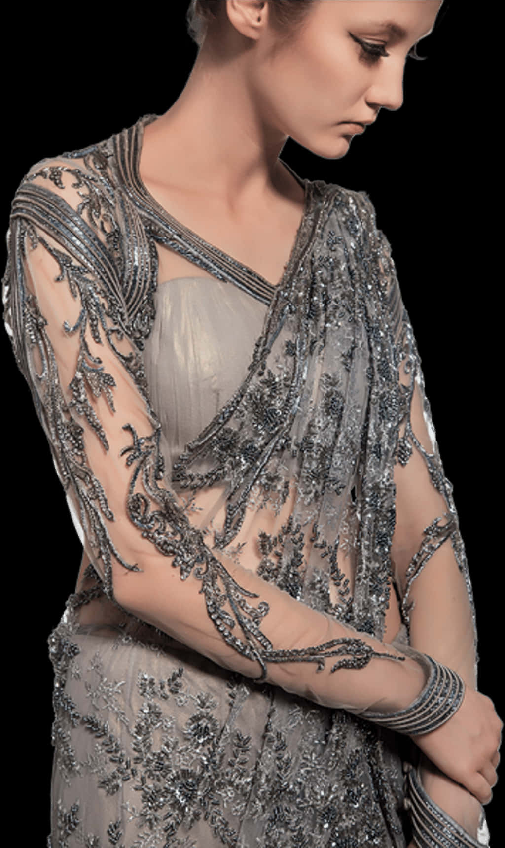 Elegant Embroidered Saree Model PNG