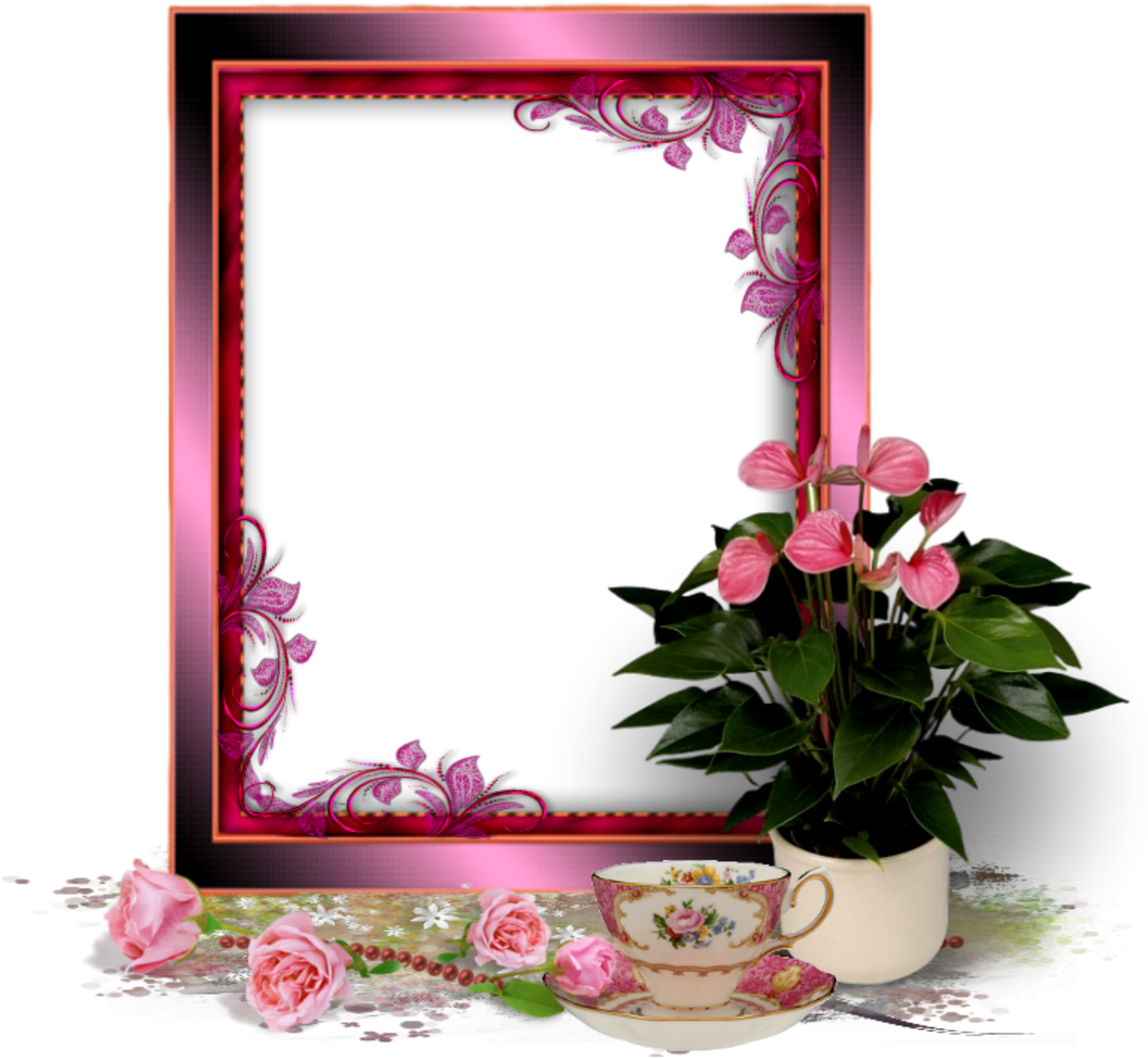 Elegant Floral Frameand Teacup PNG