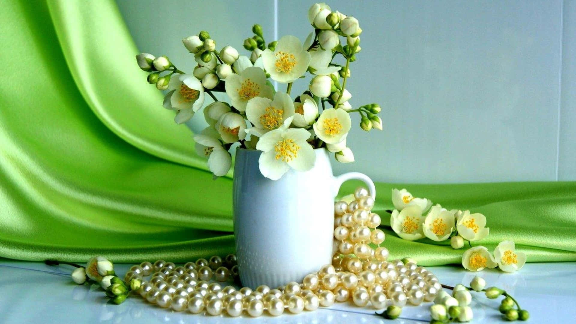 Elegant Floral Pearl Still Life Wallpaper