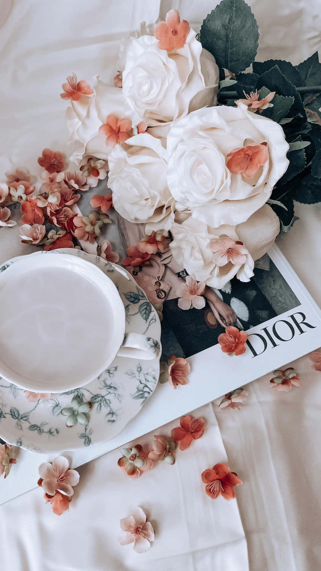 Elegant Floral Tea Time With Dior Magazine Wallpaper