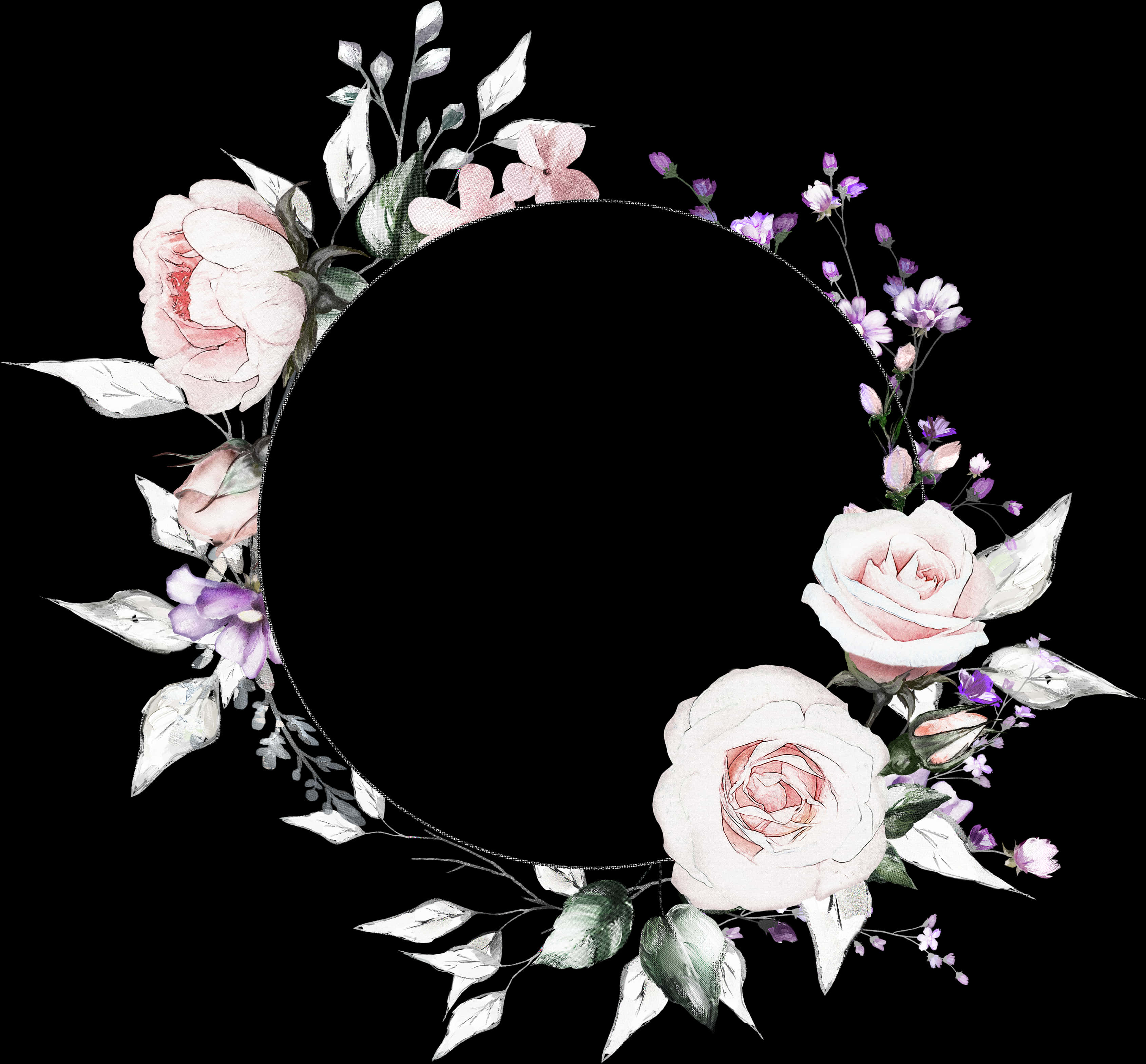 Elegant_ Floral_ Wreath_ Black_ Background PNG