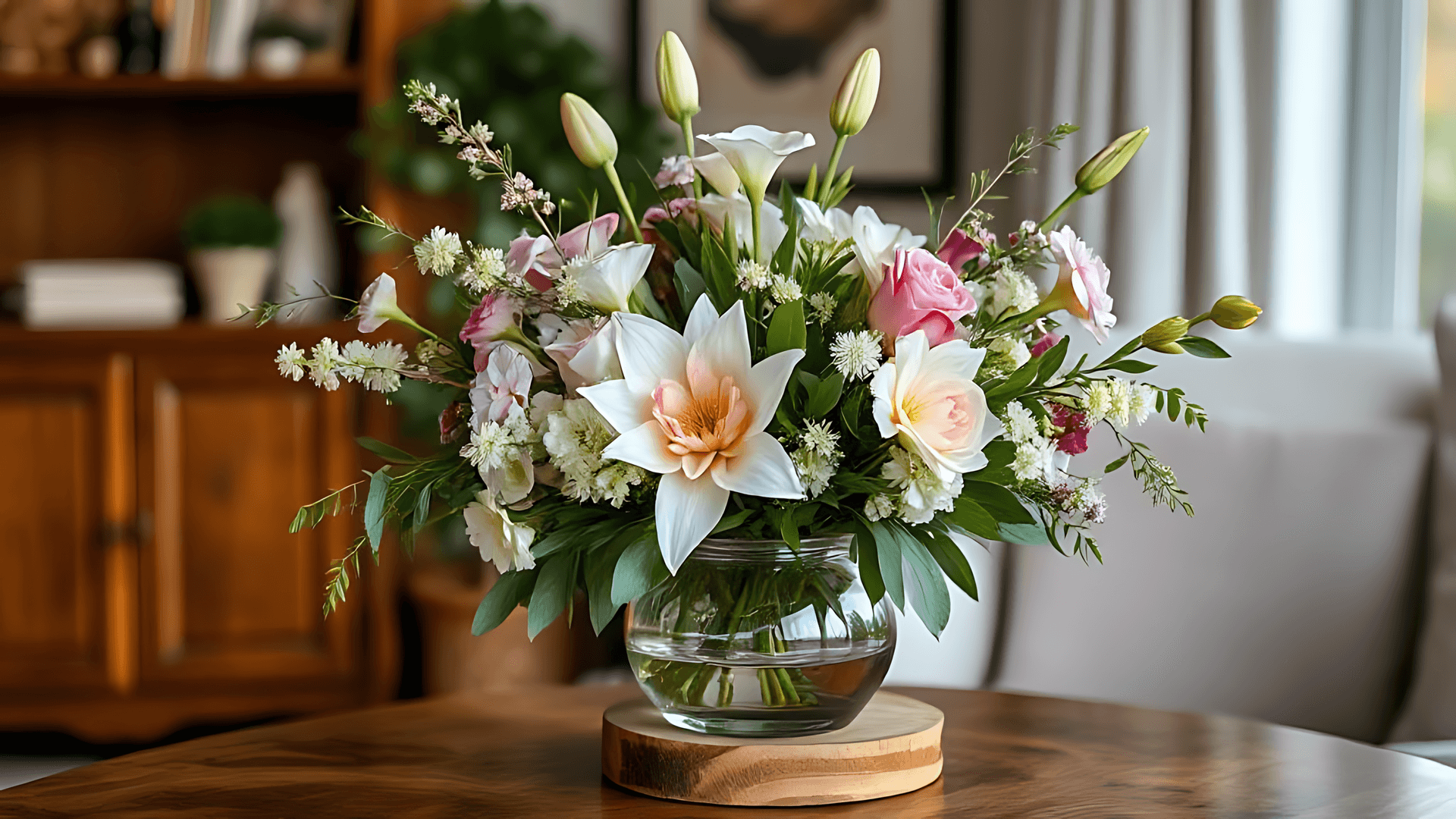 Elegant Flower Arrangement In A Decorative Vase On Table Wallpaper