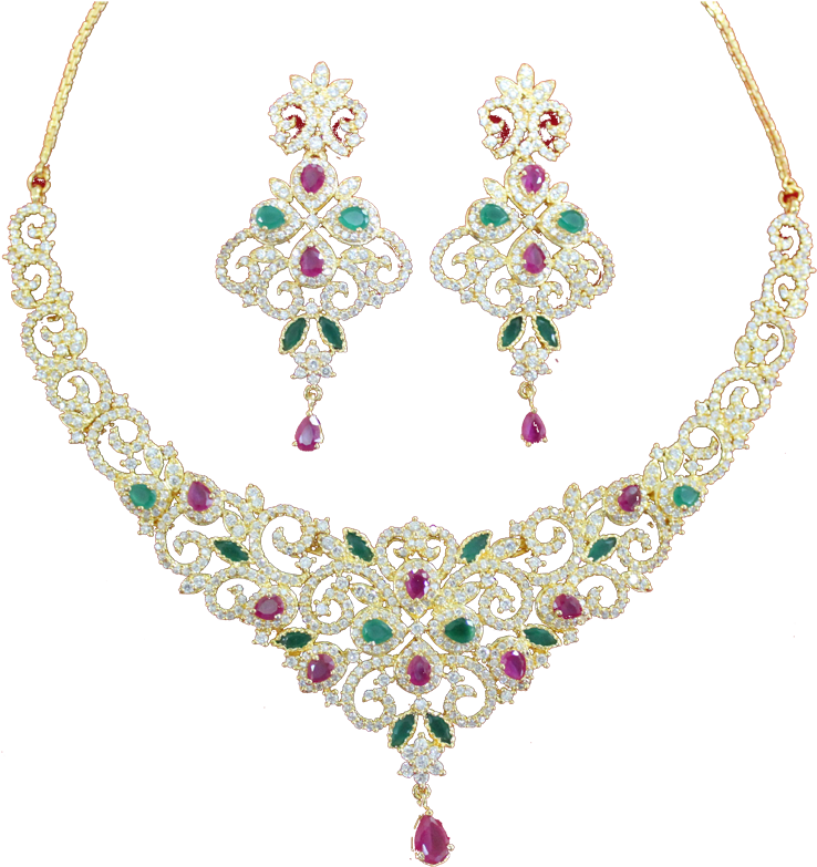 Elegant Gemstone Necklace Earrings Set PNG