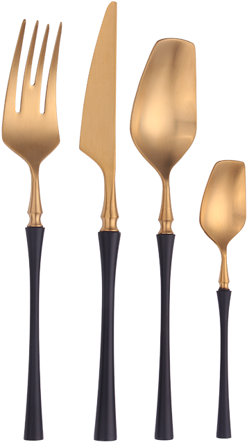 Elegant Gold Black Handle Cutlery Set PNG