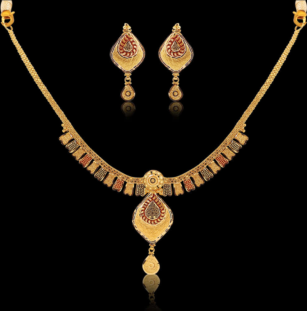 Elegant Gold Necklace Earrings Set PNG