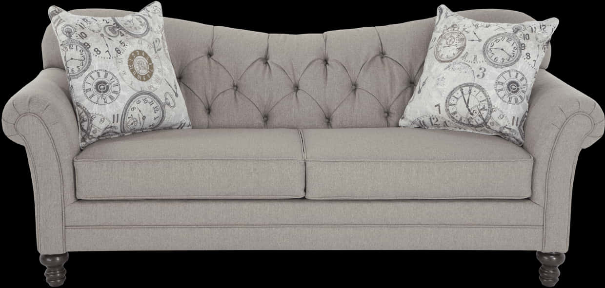 Elegant Gray Tufted Couchwith Pillows PNG