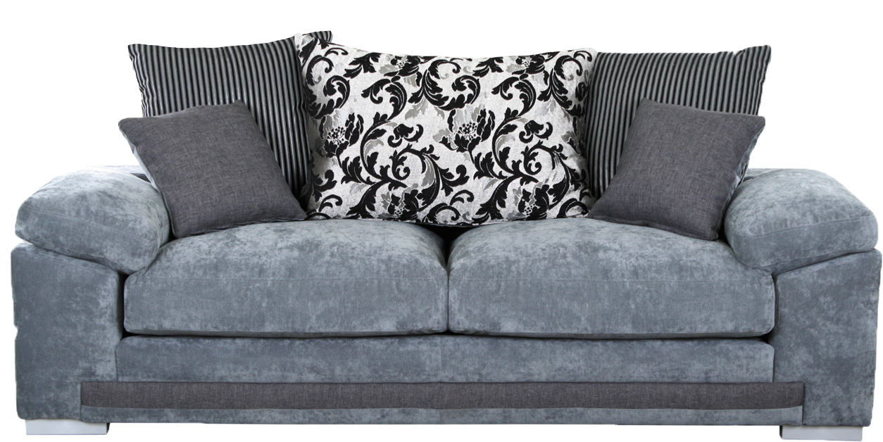Elegant Gray Velvet Sofa With Pillows PNG