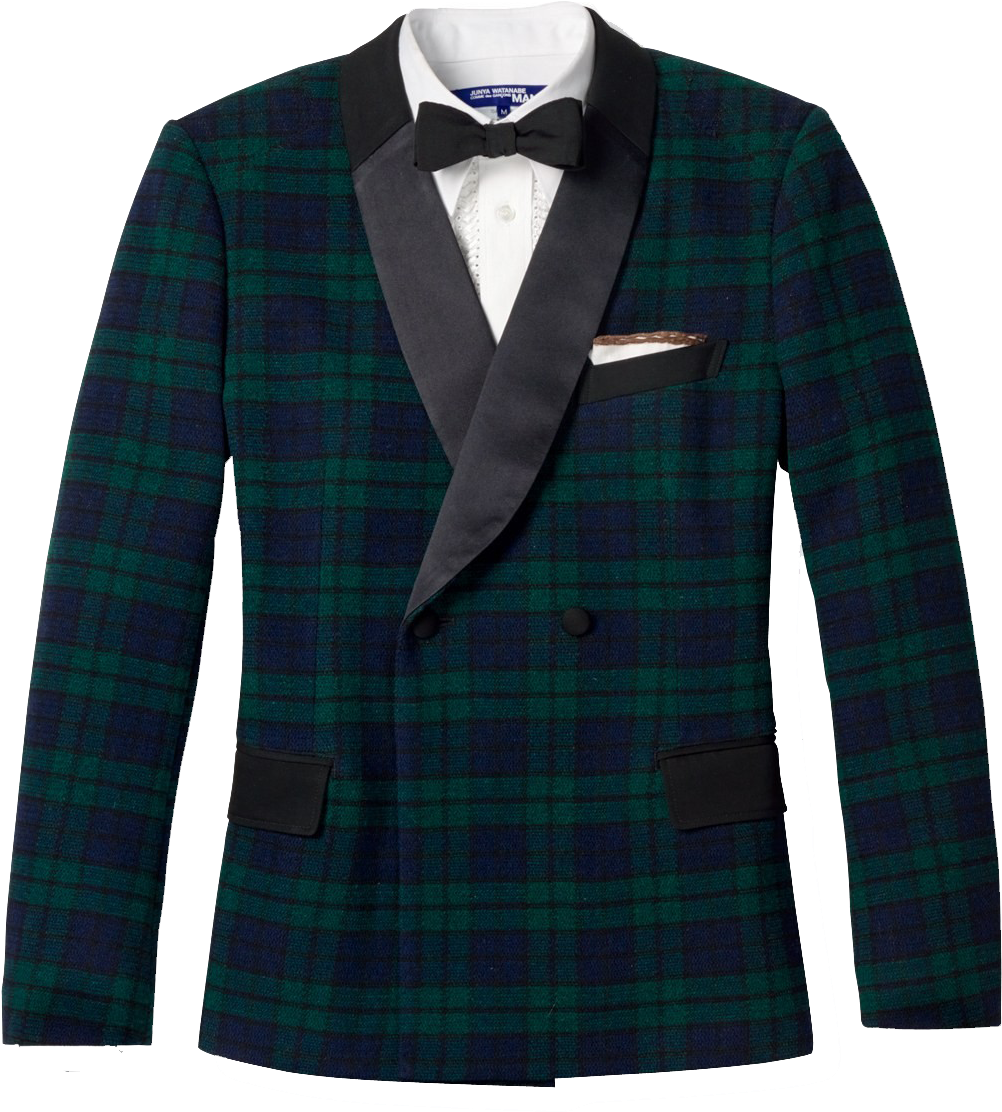 Elegant Green Plaid Blazer With Bow Tie PNG