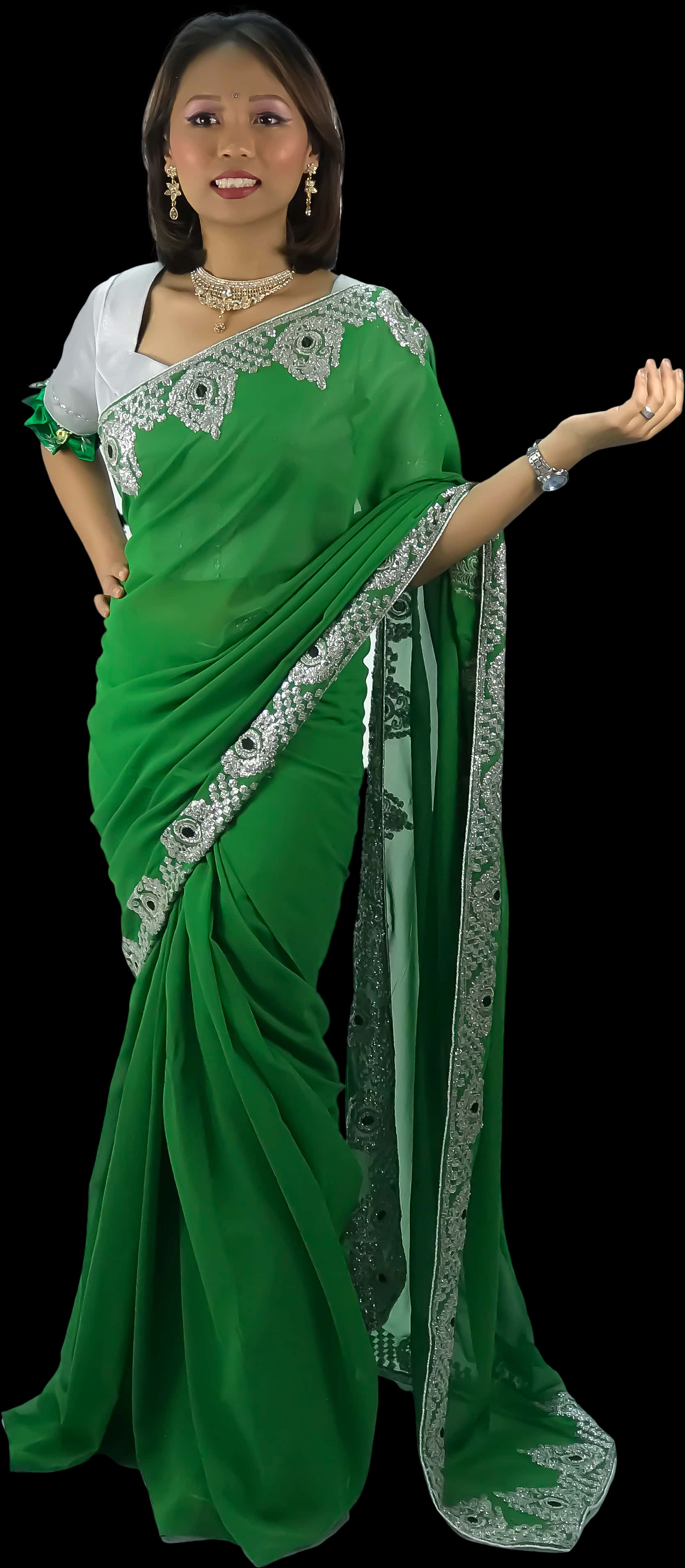 Elegant Green Saree Model PNG