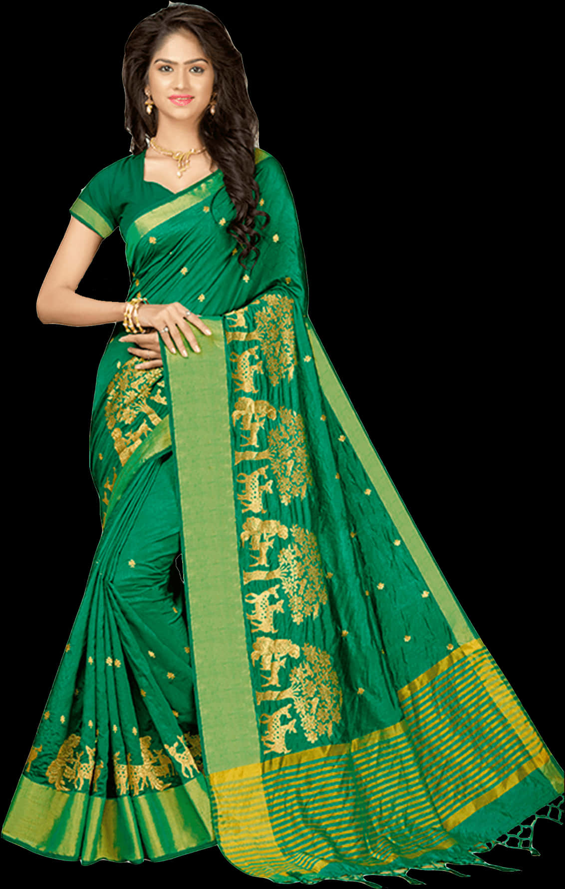 Elegant Green Saree Model PNG