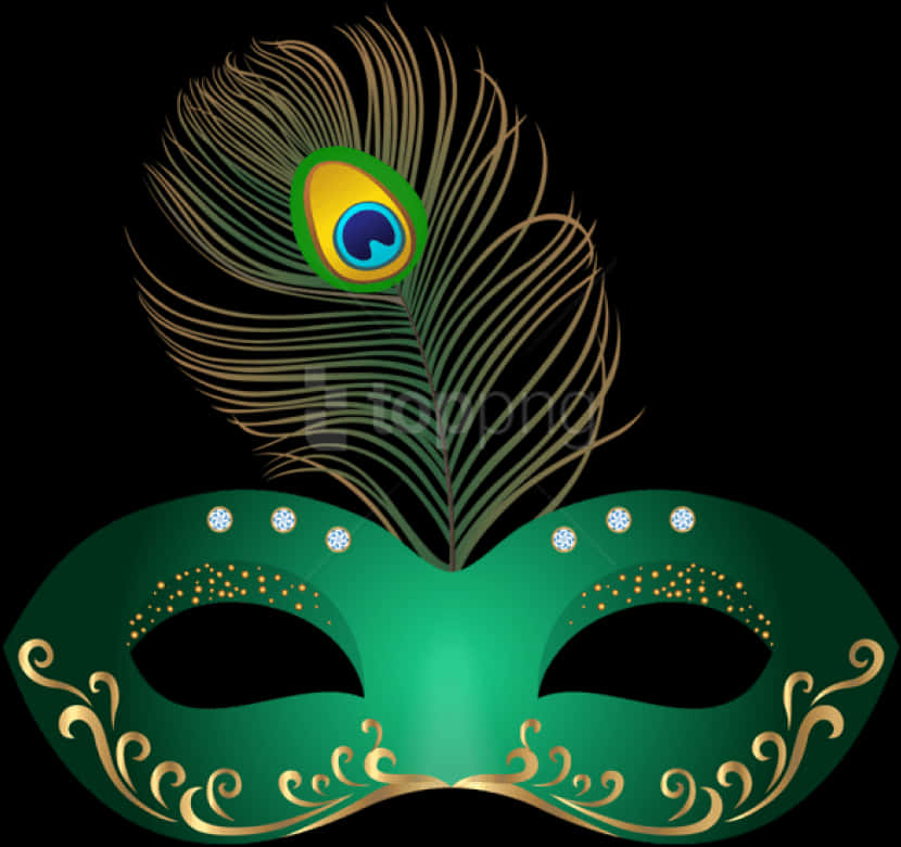 Elegant Green Venetian Maskwith Peacock Feather PNG