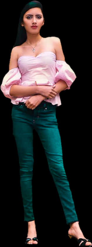Elegant Indian Girlin Pink Topand Green Jeans PNG