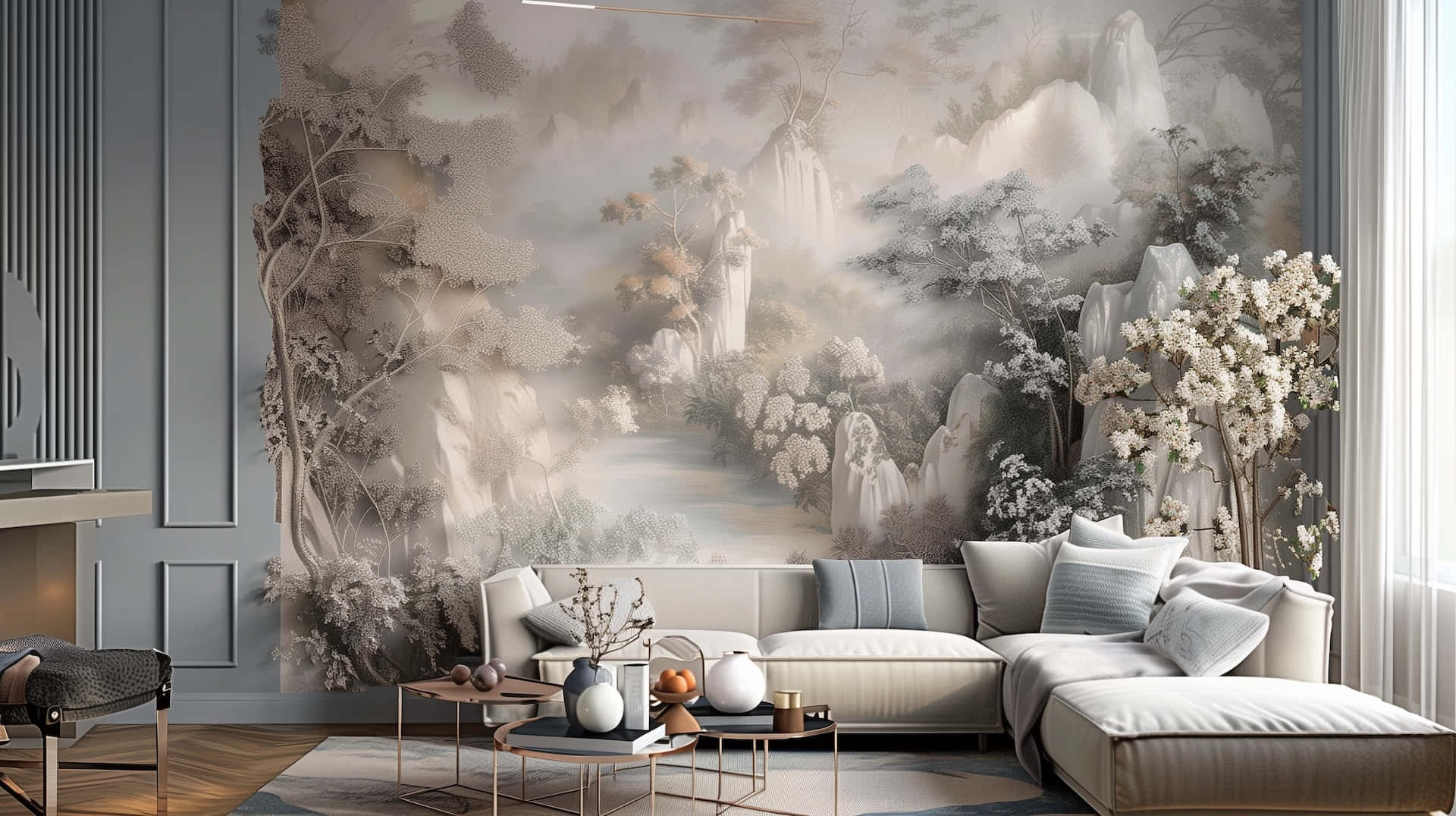 Elegant Living Roomwith Mural Wall Wallpaper