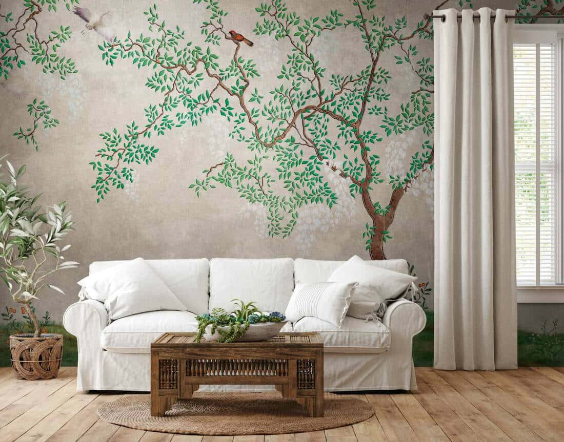 Elegant Living Roomwith Tree Mural Wallpaper