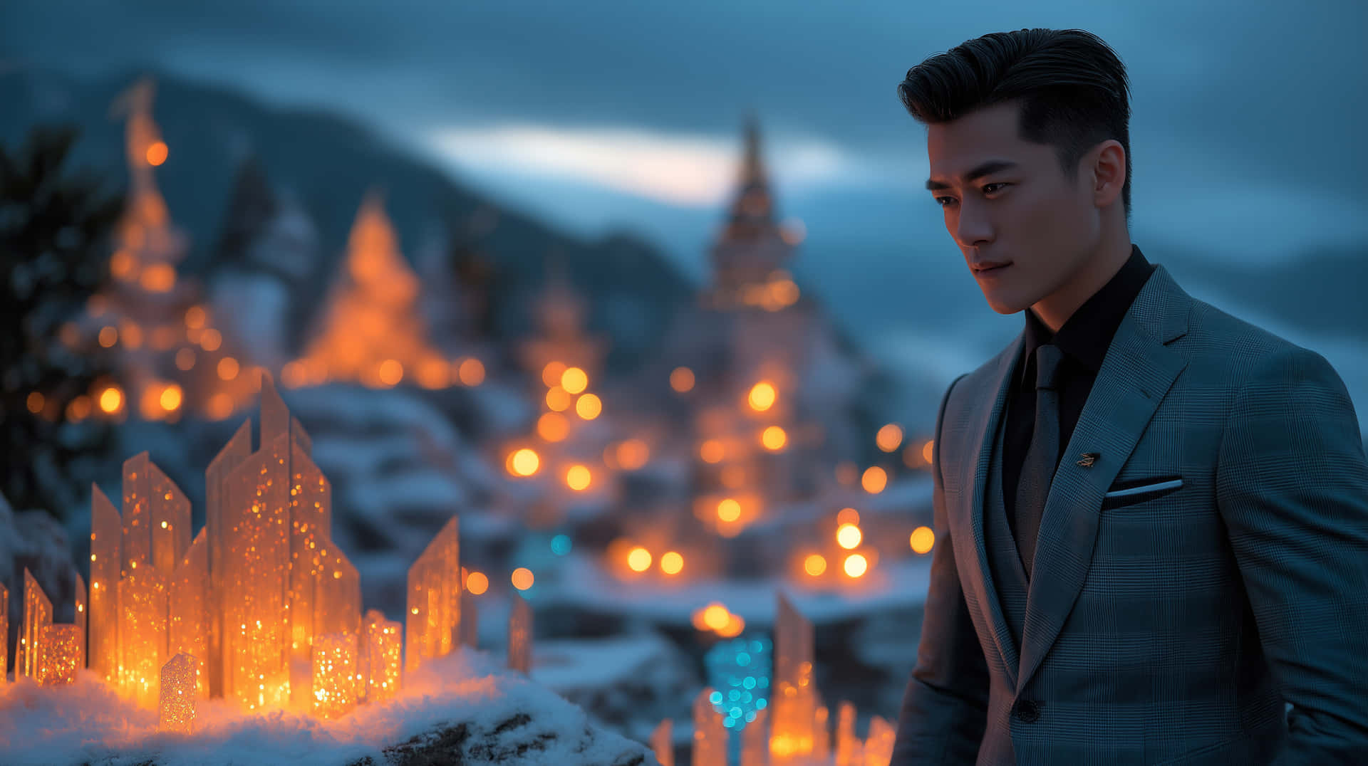 Elegant Man Amidst Glowing Crystal Formations In Snow Wallpaper