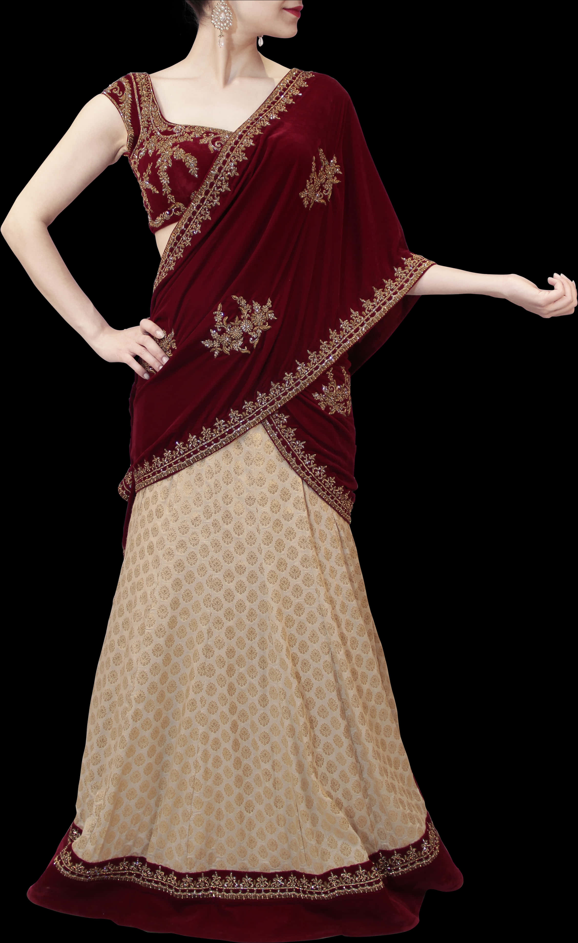 Elegant Maroonand Beige Embroidered Saree PNG