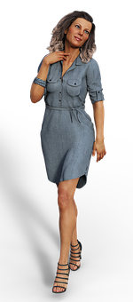 Elegant Mature Womanin Denim Dress PNG