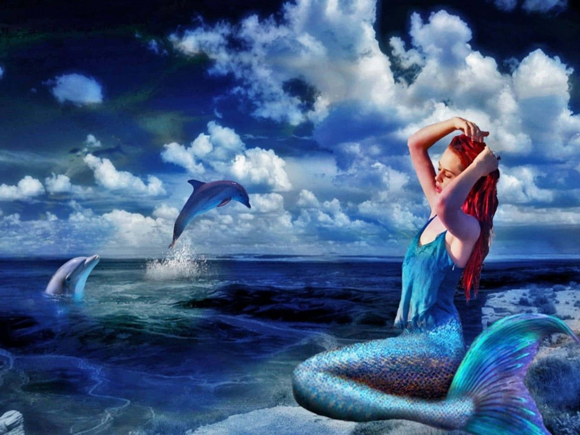 Elegant Mermaid With Dolphins Wallpaper