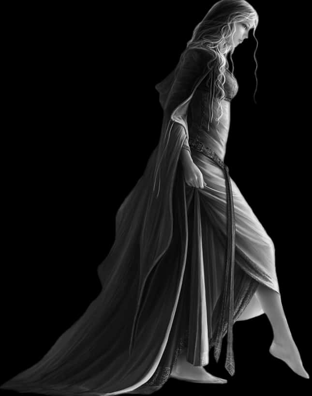 Elegant Monochrome Ladyin Flowing Dress PNG