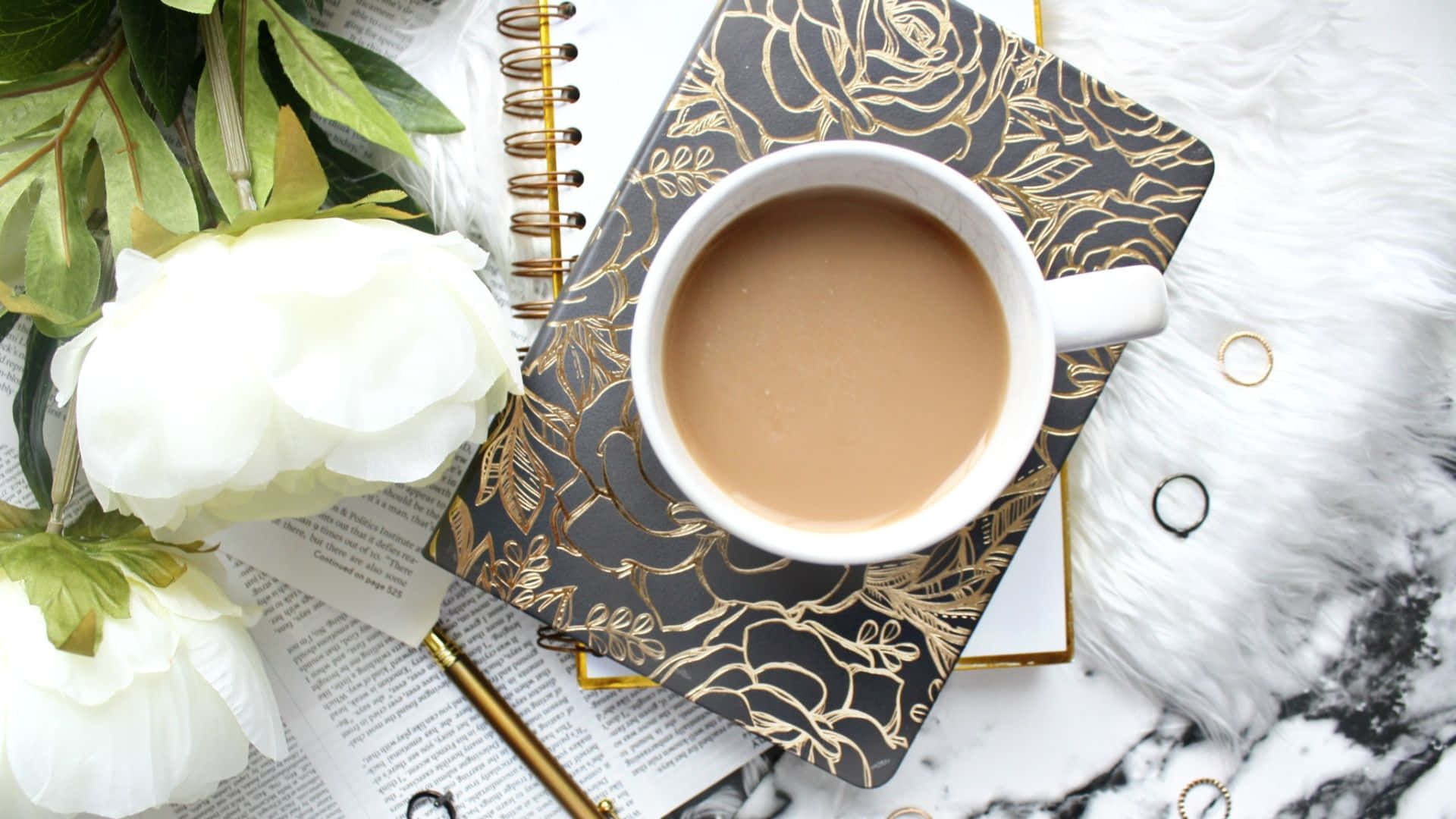 Elegant Notebookand Coffee Flatlay Wallpaper