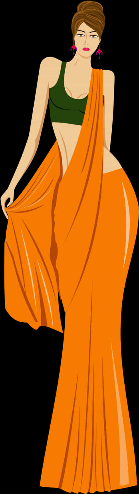 Elegant Orange Saree Vector Illustration PNG