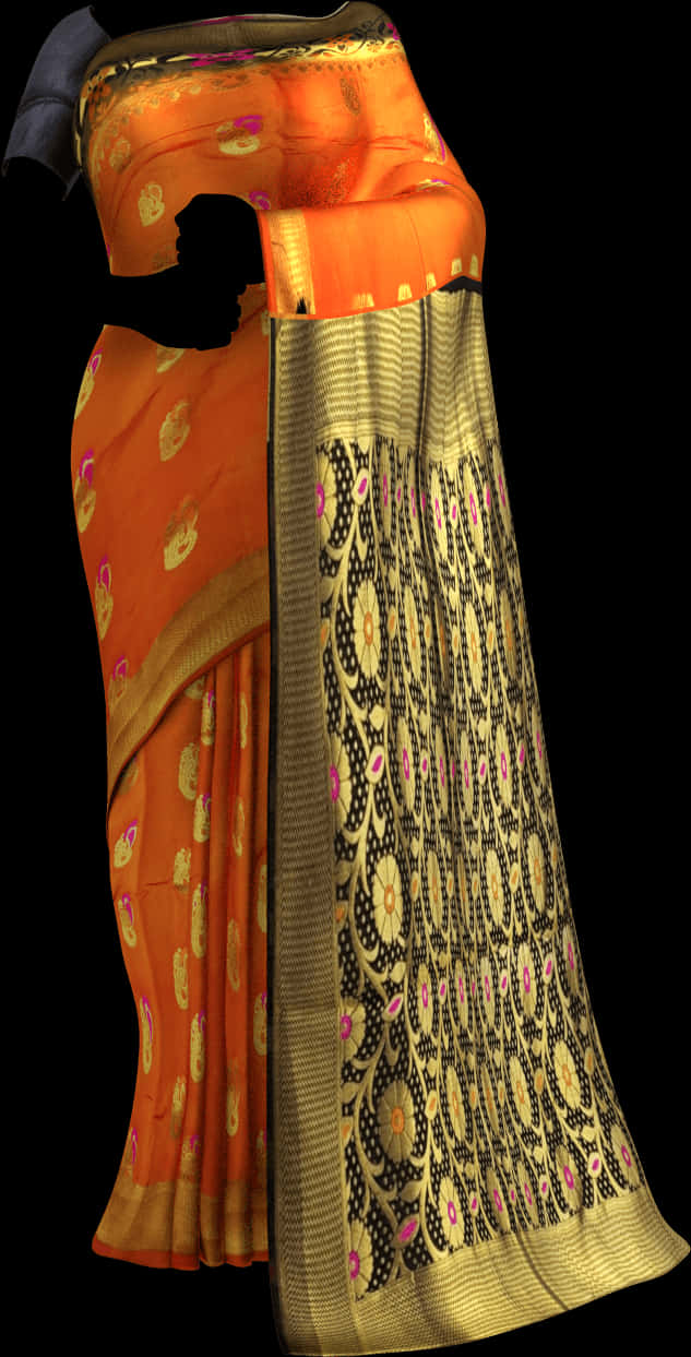 Elegant Orange Silk Sareewith Golden Border PNG