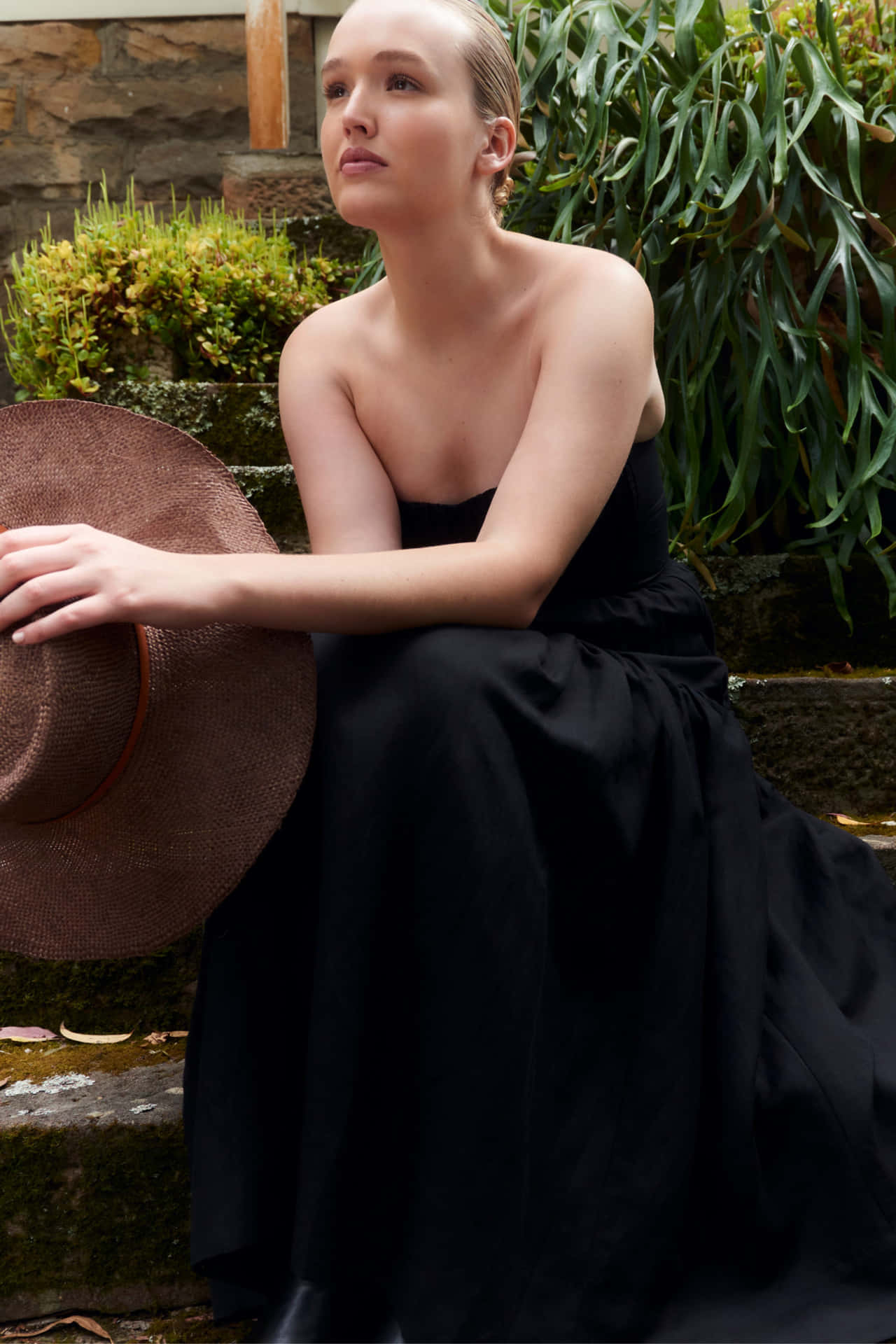 Elegant Outdoor Portrait Woman Black Dress Wallpaper